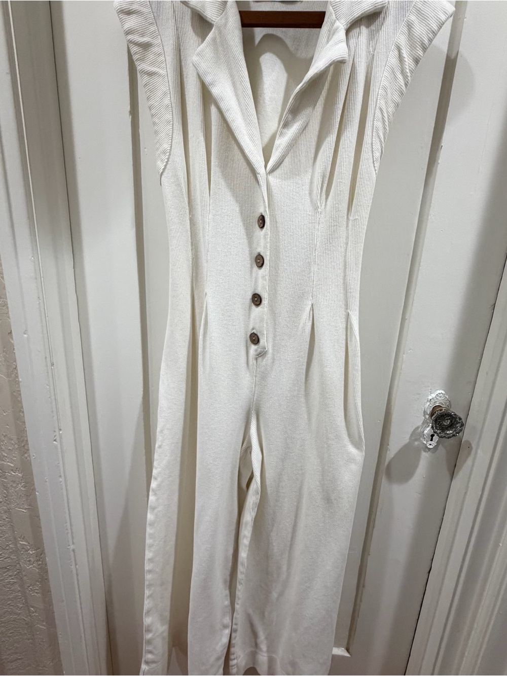 Free People Cream Sleeveless Button-Front Jumpsuit